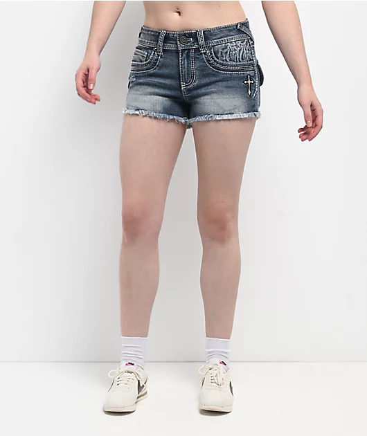 Ninth-Hall-Alyssia-Crosses-Blue-Wash-Denim-Shorts-_404940-front-US.webp Ninth Hall Alyssia Crosses Blue Wash Denim Shorts - Image 1