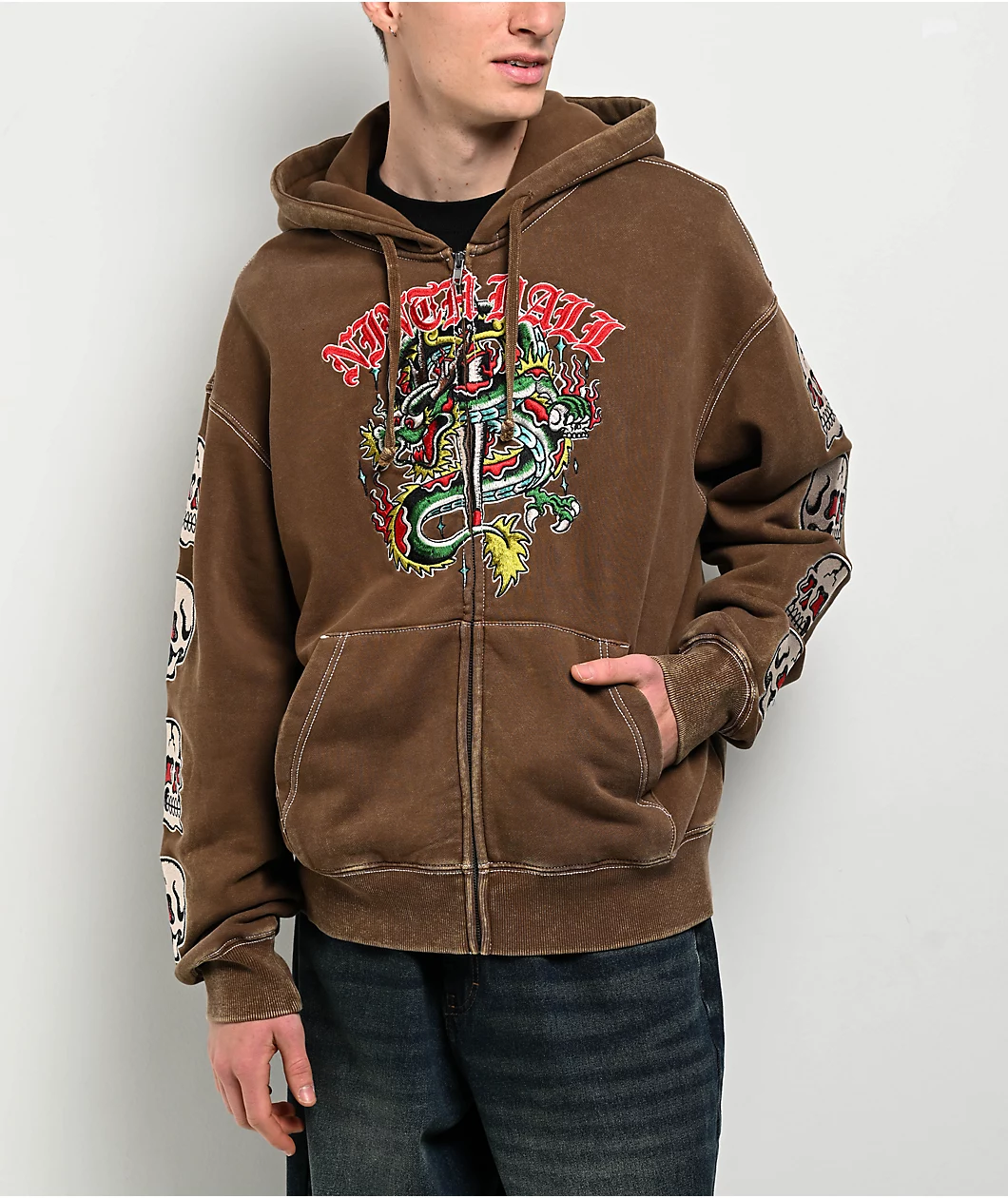 Ninth-Hall-Dragon-Fire-Brown-Wash-Zip-Hoodie-_395549-front-US.webp Ninth Hall Dragon Fire Brown Wash Zip Hoodie - Image 1