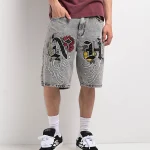 Ninth Hall Waylay Embroidered Grey Wash Denim Shorts