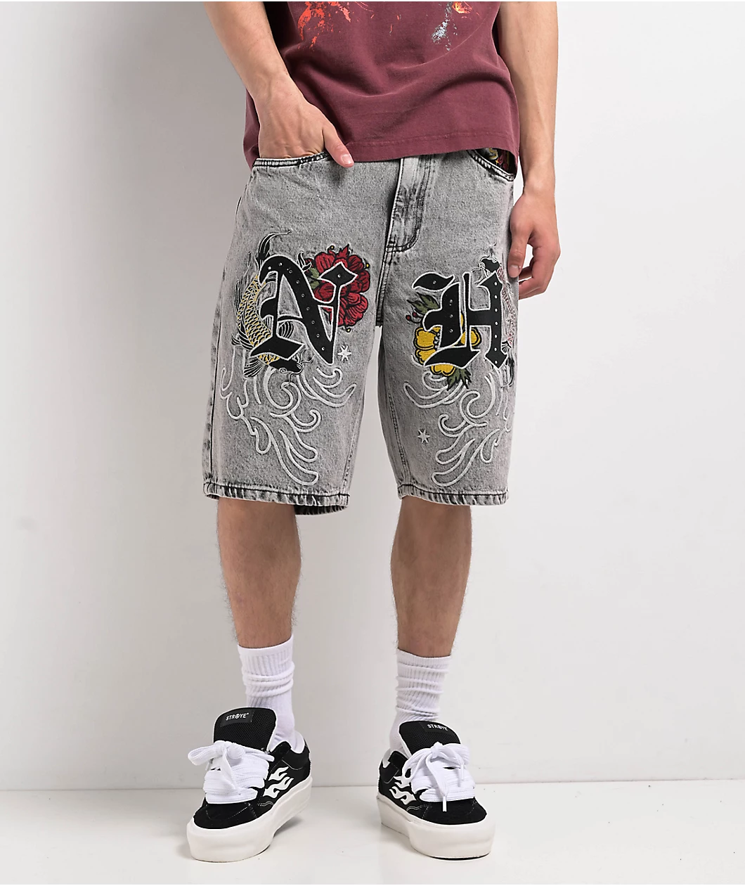 Ninth-Hall-Waylay-Embroidered-Grey-Wash-Denim-Shorts.webp Ninth Hall Waylay Embroidered Grey Wash Denim Shorts - Image 1