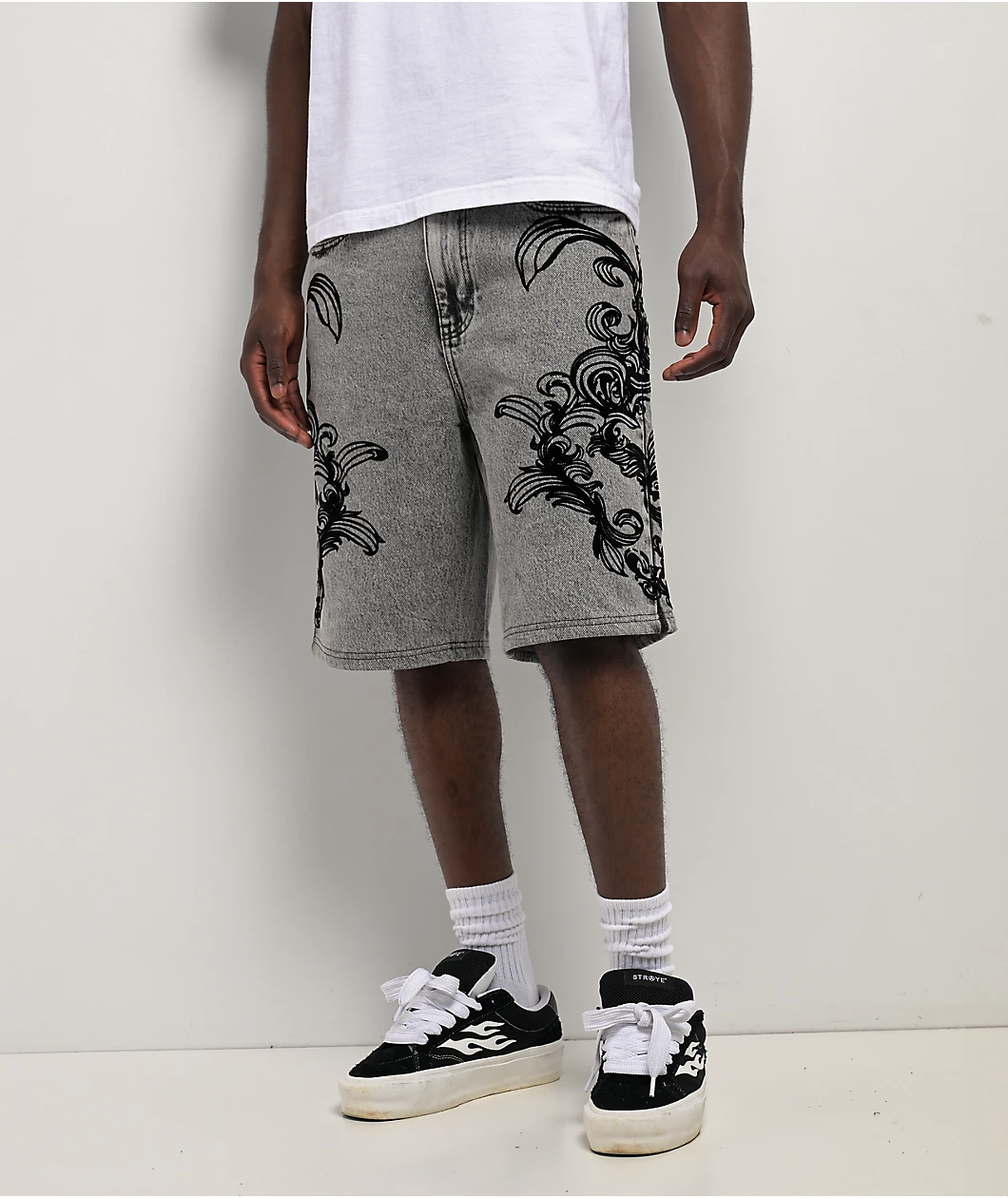 Ninth-Hall-Waylay-Tussle-Grey-Wash-Denim-Shorts.webp Ninth Hall Waylay Tussle Grey Wash Denim Shorts - Image 1